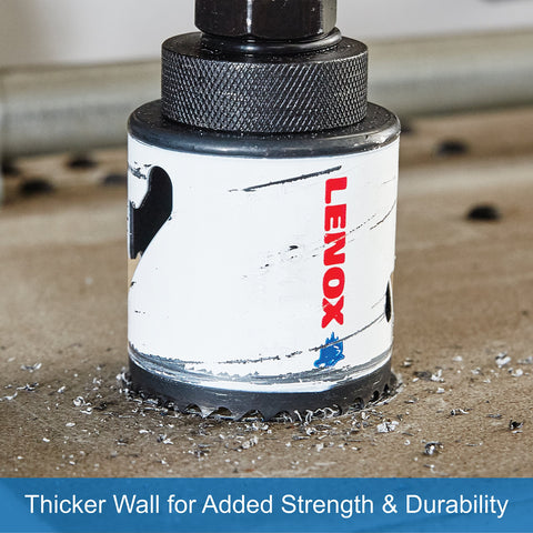 Bi-Metal Hole Saw With Speed Slot For Easy Plug Ejection 1-1/8 Inch Arbor cutting metal surface with shavings