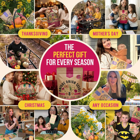 Collage of seasonal celebrations featuring onion seed packs, labeled for Thanksgiving, Mother’s Day, Christmas, and any occasion.