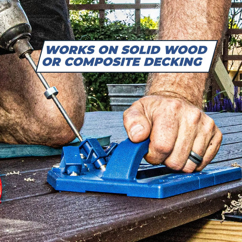 Deck Jig For Precise Concealed Deck Screw Installation And Smooth Plank Alignment with hands aligning drill guides