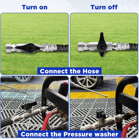 PWACCS stainless steel 3/8 in ball valve shut-off for pressure washer hose; front view with ON/OFF handle