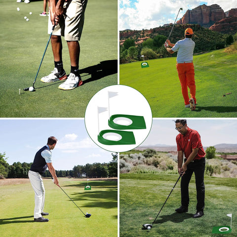 Collage of golfers using Indoor Golf Putting Green Set With 2 Cups And Flags, Easy Setup Practice Aids For Home Office Or Outdoor Use