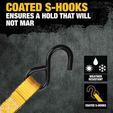 Heavy Duty 1 Inch By 12 Foot Cam Buckle Straps Set, 2 Pack, black coated S-hook and yellow strap, weather resistant