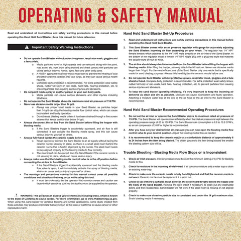Gravity Feed Sand Blaster Kit For Air Compressor safety manual with operating instructions and safety warnings in text format