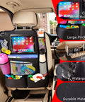 Backseat Car Organizer With Kick Mats And Tablet Holder, 9 Pocket Back Seat Protector For Kids, 2 Pack Travel Accessories showing tablet holder and pockets in car