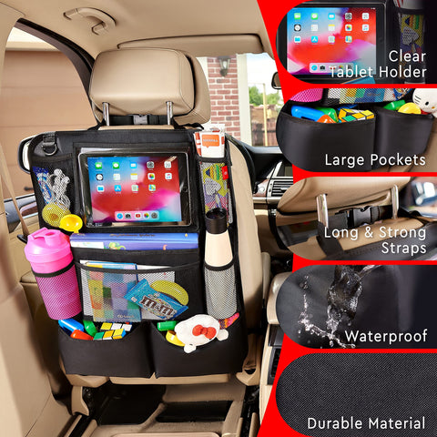 Backseat Car Organizer With Kick Mats And Tablet Holder, 9 Pocket Back Seat Protector For Kids, 2 Pack Travel Accessories showing tablet holder and pockets in car
