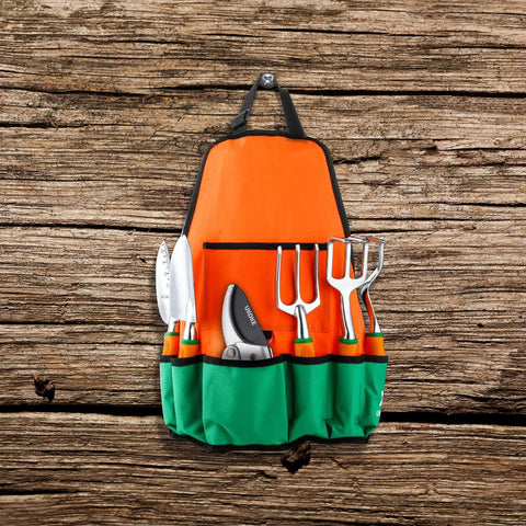 12 Piece Aluminum Garden Tool Set with Canvas Apron and Storage Pocket hanging on wood wall