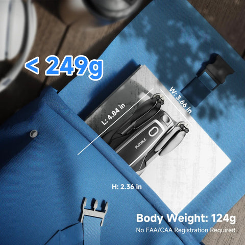 4K Camera Drone With FPV And Foldable Design For Adults And Kids shown in a blue bag, dimensions labeled, lightweight under 249g