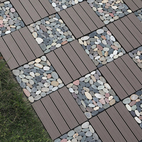 Interlocking Stone Deck Tiles 12x12 for Indoor Outdoor Use in Grey and White Real Pebble Slices Durable Patio Pathway DIY Upgrade