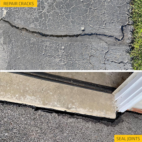 Asphalt Sealant Black Self Leveling Hybrid Crack Filler for driveways and joints repair shown on asphalt pavement close-up