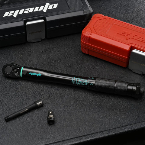 Click Torque Wrench With One Quarter Inch Drive, 20 To 200 Inch Pounds, black chrome vanadium, with storage case and attachments