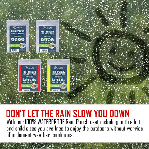 Family Rain Poncho Set For 2 Adults And 2 Kids packaging with rain background and message about 100% waterproof protection.