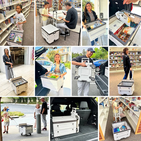 Collage showcasing Rolling Cart With Wheels Foldable Utility Crate Adjustable Handle Silent Rolling Design 132 Lb Load Capacity