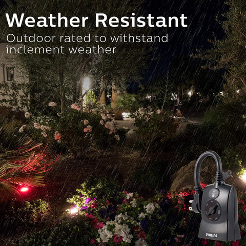 Outdoor Light Sensing Plug In Mechanical Timer With Dual Polarized Outlets For Yard And Patio Lighting in rain, showing weather-resistant design.