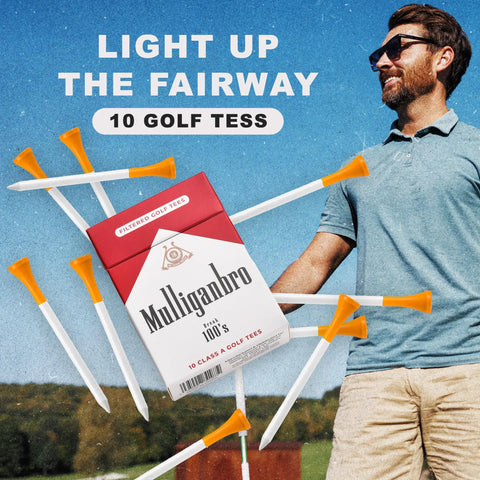 Man holding Funny Golf Tees 10 Pack MulliganBro parody golf accessories with orange tops, resembling a cigarette pack, on golf course.