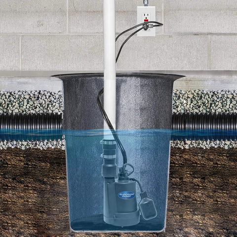 1/4 HP Thermoplastic Submersible Sump Pump With Tethered Float Switch, 1800 GPH Capacity, displayed in use in water basin