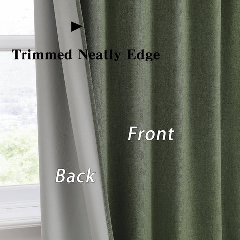 Extra Wide Linen Blackout Curtains With Hooks For Track System Sliding Doors, 2 Panels, Loden Olive Green, fabric detail front view