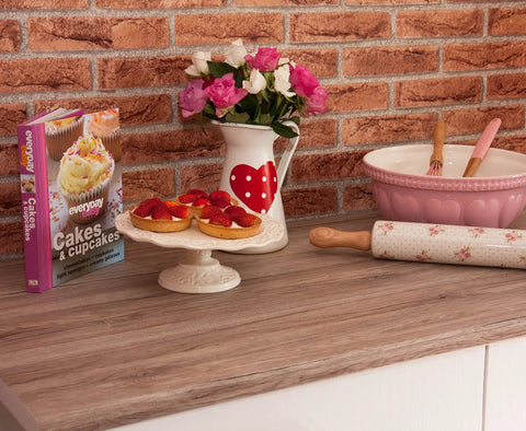 Weathered Oak Peel And Stick Decorative Self Adhesive Film Roll 17 Inch By 78 Inch 3 Pack with kitchen decor and brick wall