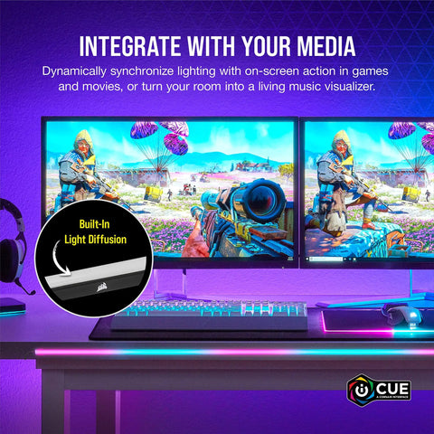 Dual monitor setup with iCUE LS100 1.4M Smart Lighting Strip Expansion Kit With 84 Addressable LEDs for ambient RGB lighting.