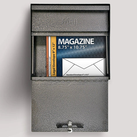 Open 7164 Metro Bronze High Capacity Wall Mounted Locking Mailbox With Anti Pry Latch and 12 Wafer Disc Lock showing mail inside.