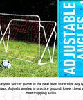 Adjustable Soccer Rebounder 6 Foot By 4 Foot for Training with Angles, powder-coated steel frame with ball and grass field