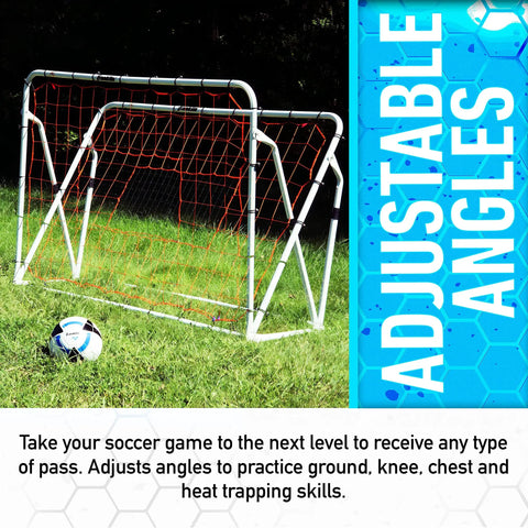 Adjustable Soccer Rebounder 6 Foot By 4 Foot for Training with Angles, powder-coated steel frame with ball and grass field