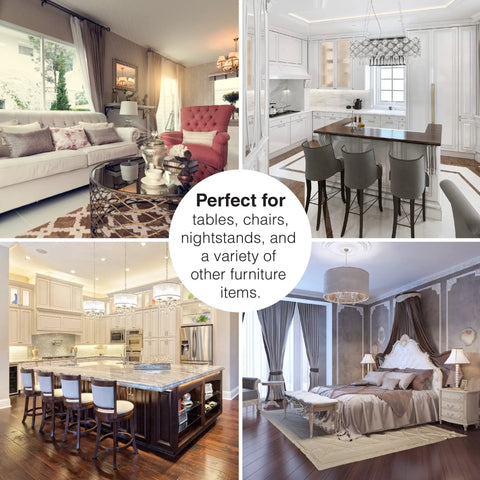Collage of furnished rooms highlighting use of 20 Piece Assorted Felt Furniture Sliders Set For Hard Surfaces on hardwood and tile floors.
