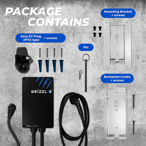 Beefy Level 2 EV Charger With WiFi Smart Connect accessories including cord, J1772 plug, mounting bracket, and screws.