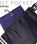 Black net pocket with zipper on ultra lightweight golf carry bag for travel and weekend rounds fits 3 to 9 clubs foldable design.