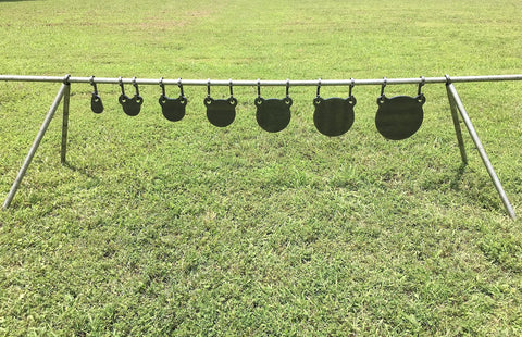 AR500 Steel Target Stand Brackets Mounts For One Inch Pipe or Three Quarter Inch EMT Conduit Two Pack with targets displayed on grass