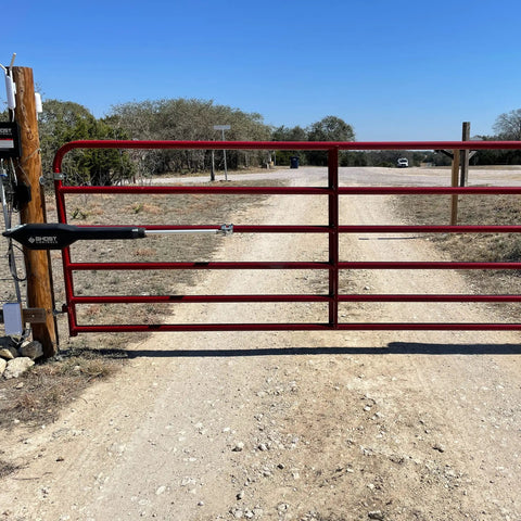 Legit Heavy Duty Automatic Swing Gate Opener Kit With Smart Ready Motor and Dope Long Range Remote Control For Residential Driveway Up To Nine Hundred Pounds seen on red tubular gate.