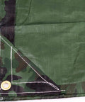 Corner of Rugged Camo Tarp 20ft By 30ft Heavy Duty Outdoor Shelter With 6 Oz Material, showing reinforced corner and brass grommet.