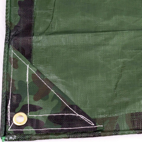 Corner of Rugged Camo Tarp 20ft By 30ft Heavy Duty Outdoor Shelter With 6 Oz Material, showing reinforced corner and brass grommet.