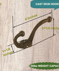 Built Dang Tough Rustic Cast Iron Wall Hooks Heavy Duty Farmhouse Coat Hangers Durable Vintage Hanging Hardware Set Of Five For Entryways And Closets With Upgraded Style, 4 inch hook with 35lbs capacity.