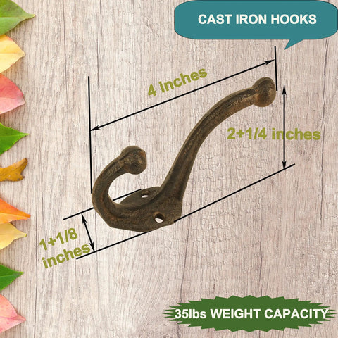 Built Dang Tough Rustic Cast Iron Wall Hooks Heavy Duty Farmhouse Coat Hangers Durable Vintage Hanging Hardware Set Of Five For Entryways And Closets With Upgraded Style, 4 inch hook with 35lbs capacity.