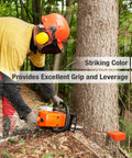 User cutting a tree using Heavy Duty Tree Felling Wedges 4 Pack With Tough As Nails Spike Bases Guaranteed No Pinch Split High Impact Abs Plastic.