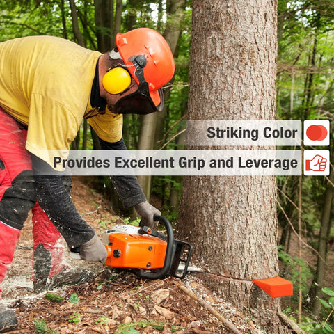 User cutting a tree using Heavy Duty Tree Felling Wedges 4 Pack With Tough As Nails Spike Bases Guaranteed No Pinch Split High Impact Abs Plastic.