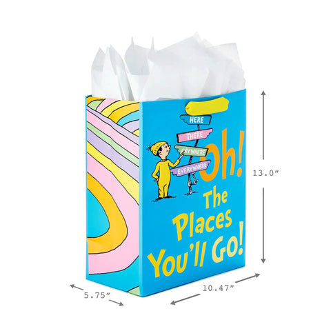 13 Inch Large Dr. Seuss Graduation Gift Bag with Tissue Paper and Card Oh The Places You'll Go for High School College Kindergarten Nursing
