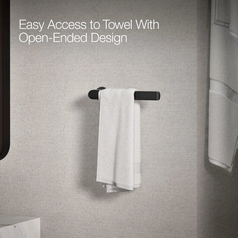 Avid Towel Arm Matte Black Open Ended Design For Easy Access Premium Metal Construction with towel hanging on bathroom wall
