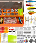 Massive 353 Piece Fishing Lure Gear Kit with crankbaits, spoons, hooks, weights in open tackle box for freshwater bass angling.