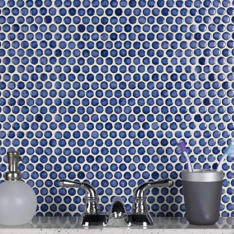 Porcelain Penny Round Sapphire Tile For Floor And Wall, Slick Glossy Mosaic In Deep Blue, 11 7 Eighths By 12 5 Eighths Inches.