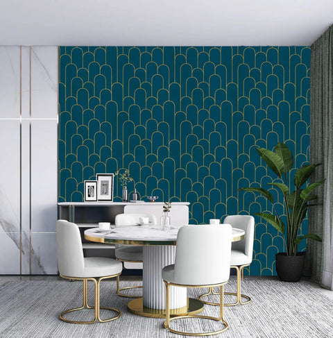 Blue Gold Peel and Stick Wallpaper Geometric Stripe Pattern Removable Self Adhesive Vinyl For Walls in modern dining room.
