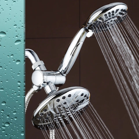 High Pressure 6 Inch Rain Shower Head With 6 Settings For A Spa Worthy Ultimate Shower Experience in chrome, dual heads shown