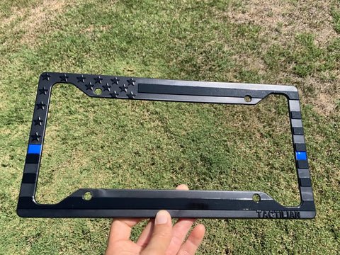 Subdued 3D Embossed American Flag License Plate Frame With Black Gloss On Matte Finish For Car Truck Or SUV Featuring Thin Blue Line