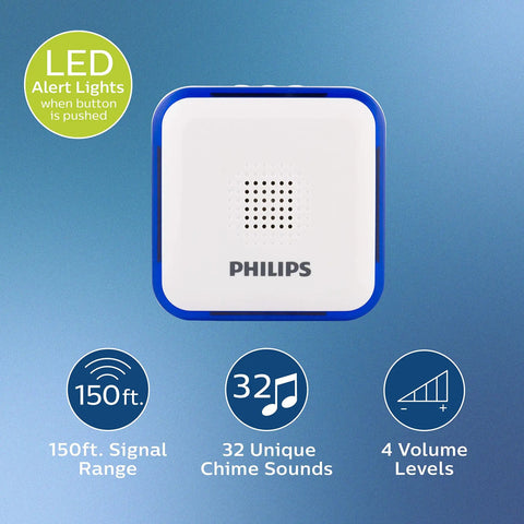 Wireless Doorbell Kit With Battery Powered Receiver, LED Alert Lights, 32 Melodies And 3 Volume Levels, 150 Ft Range, Includes 1 Push Button, Easy Mount, White, showing the receiver with LED indicator and feature icons.