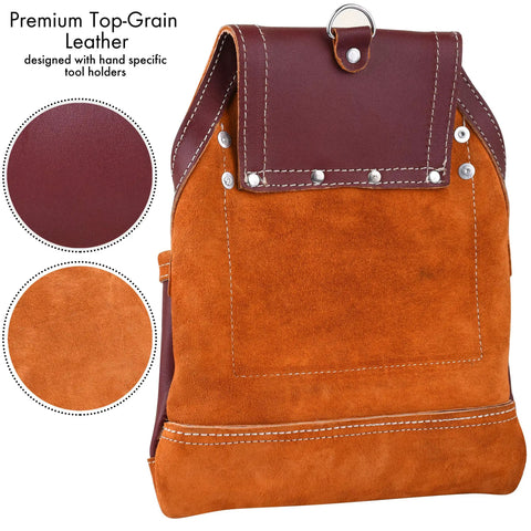 Maroon Leather Tool Pouch With Triple Hammer Holders And 10 Pockets for Construction Pros, top-grain leather, rear view