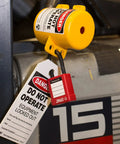 Lockout Tagout Sleeve For Forklift Propane Tank Hand Wheel Cover With Recycled Polycarbonate Shell Fits Hand Wheels Up To 2.19 Inches Three Locking Holes For Multi Padlock Security And Safe Maintenance with lock and danger tag on forklift.