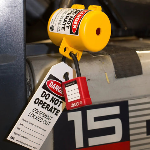 Lockout Tagout Sleeve For Forklift Propane Tank Hand Wheel Cover With Recycled Polycarbonate Shell Fits Hand Wheels Up To 2.19 Inches Three Locking Holes For Multi Padlock Security And Safe Maintenance with lock and danger tag on forklift.