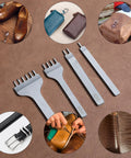 Leather Stitching Hole Punch Set, 4 Pack With 3mm And 1 2 4 6 Prongs, Stainless steel tools on leather surface with crafted items