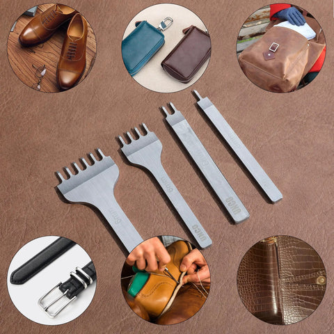 Leather Stitching Hole Punch Set, 4 Pack With 3mm And 1 2 4 6 Prongs, Stainless steel tools on leather surface with crafted items