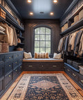 Spacious closet with dark cabinets, window seat, and hanging clothes, featuring 20 Pack Square Brushed Gold Cabinet Pulls 5 Inch Hole Centers 128mm Built To Last Durable Solid Zinc Alloy Cabinet Handles For Kitchen Cupboard Closet Bathroom Dresser Drawer Hardware.